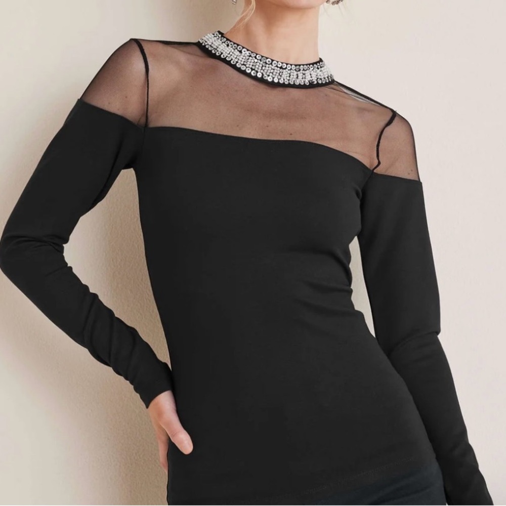 Venus Elegant Black Sheer Long Sleeve Top with Neck Embellishments Xsmall